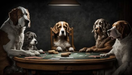 From classic paintings to internet memes, dogs playing poker has captured the hearts and imaginations of audiences around the world, inspiring laughter and creativity, GENERATIVE AI - obrazy, fototapety, plakaty