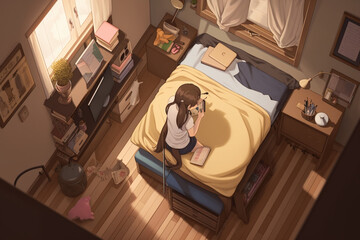 Anime cute girl studying in her room, chill, cozy vibes	