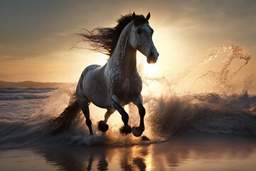 Fototapeta na wymiar Beautiful Horse running on a beach at sunset. Stallion Running on the beach splashing waves at sunrise. Ai generated