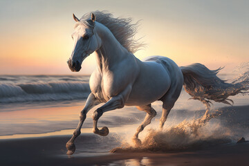 Naklejka na ściany i meble Beautiful Horse running on a beach at sunset. Stallion Running on the beach splashing waves at sunrise. Ai generated