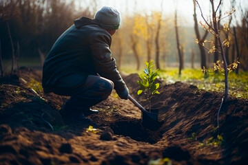 Man planting a young tree. Re forestation. Planting a tree with a shovel. Hands planting a young tree. Ai generated ( not a real person )