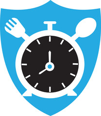 Eat time vector logo template. This logo with clock, spoon and fork symbol. Suitable for home, restaurant, cooking, healthy.