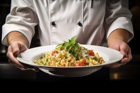 Chef holding enticing pasta salad that is ready to be served. Generative AI