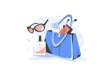 Female handbag with its contents. Sunglasses, perfume, purse, lip gloss, phone, headphones. Women Items and Accessories vector Illustration. Poster. Cartoon style. Banner. Flat design
