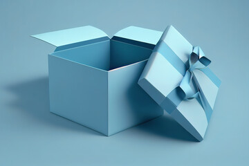 Blue gift box open or blank present box with blue ribbon. Generative Ai