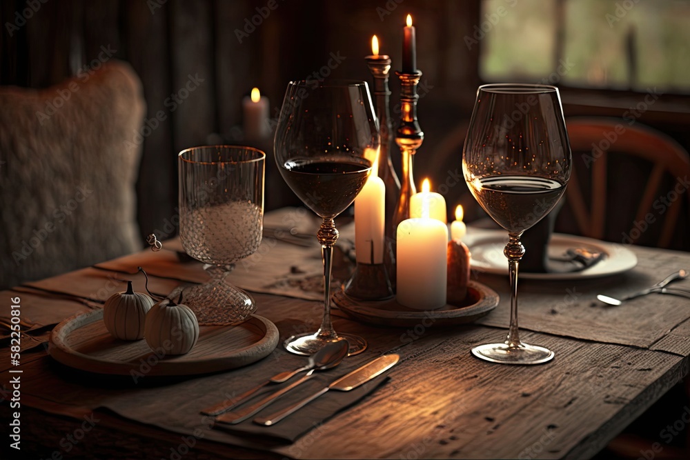 Sticker a rustic wooden table set with a white napkin, wine glasses, and candles for a romantic dinner., created with generative ai