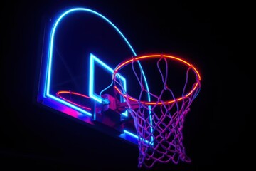 Neon basketball hoop on black background - obrazy, fototapety, plakaty