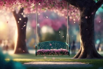 Empty swing in a blossoming garden - obrazy, fototapety, plakaty
