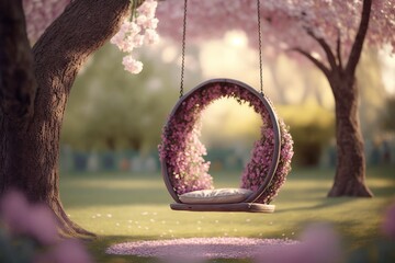 Empty swing in a blossoming garden