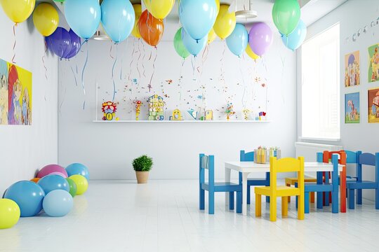 Kindergarten interior decoration child picture on wall. Preschool class waiting kids. Colour balloons on floor. Playroom with white table. Art room education children's creativity. Mess in classroom