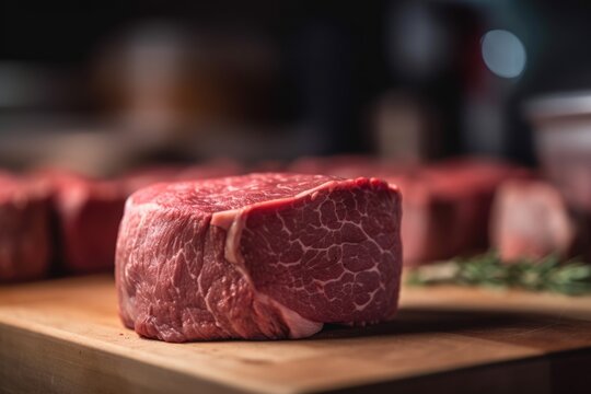 Raw Organic Beef Filet Mignon over a wooden counter. Generative AI