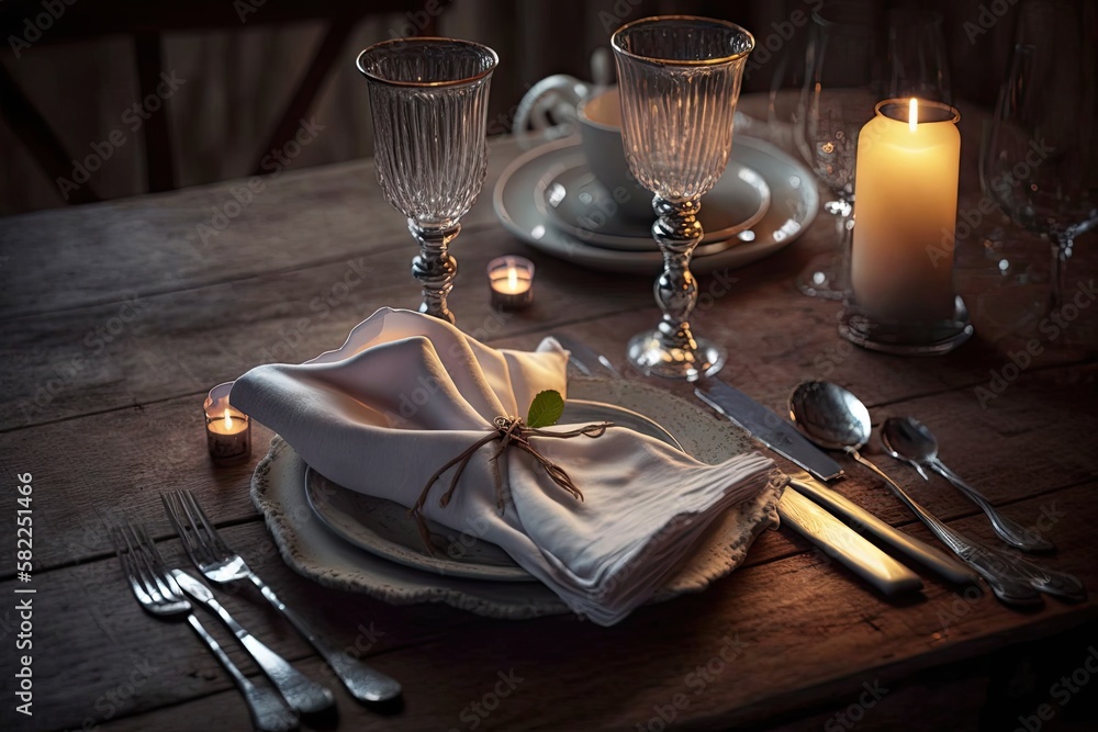 Poster a napkin on a wooden table with a vintage cutlery set, glasses and candles for romantic evening, created with generative ai