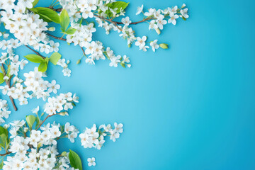 Spring flower border on blue background; white spring blossom border; copy space - Generative AI