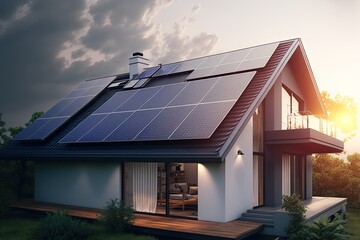 Fototapeta premium Single family house with solar panels on the roof at sunset or sunrise. Sustainability concept. Generative AI