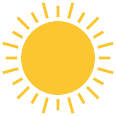 Sun icon, yellow color hot summer flat style vector design. Sunlight, nature, sky object illustration symbol isolated on white background.