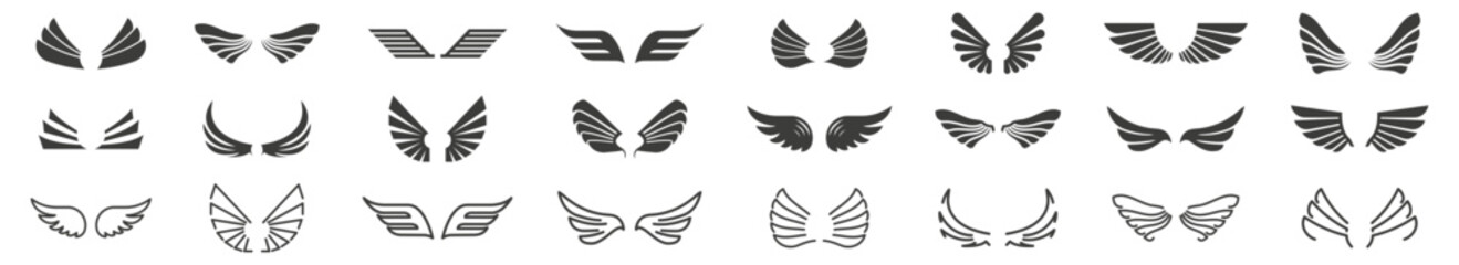 Set of black wings icons. Wings badges. Different shapes of wing collection. Vector isolated illustration.