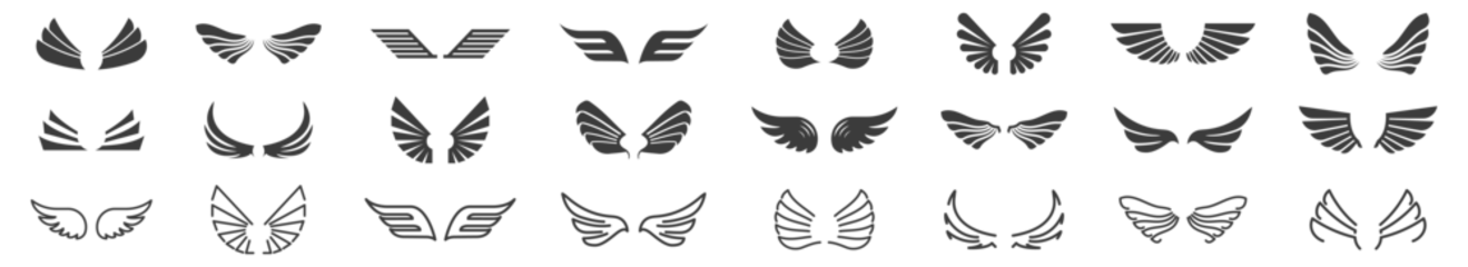 Fotobehang Set of black wings icons. Wings badges. Different shapes of wing collection. Vector isolated illustration. ©  millennial