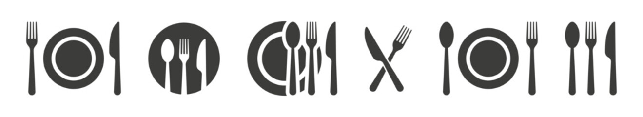 Set of fork, knife, spoon. Tableware icons set. Dinnerservice collection. Vector isolated illustration.