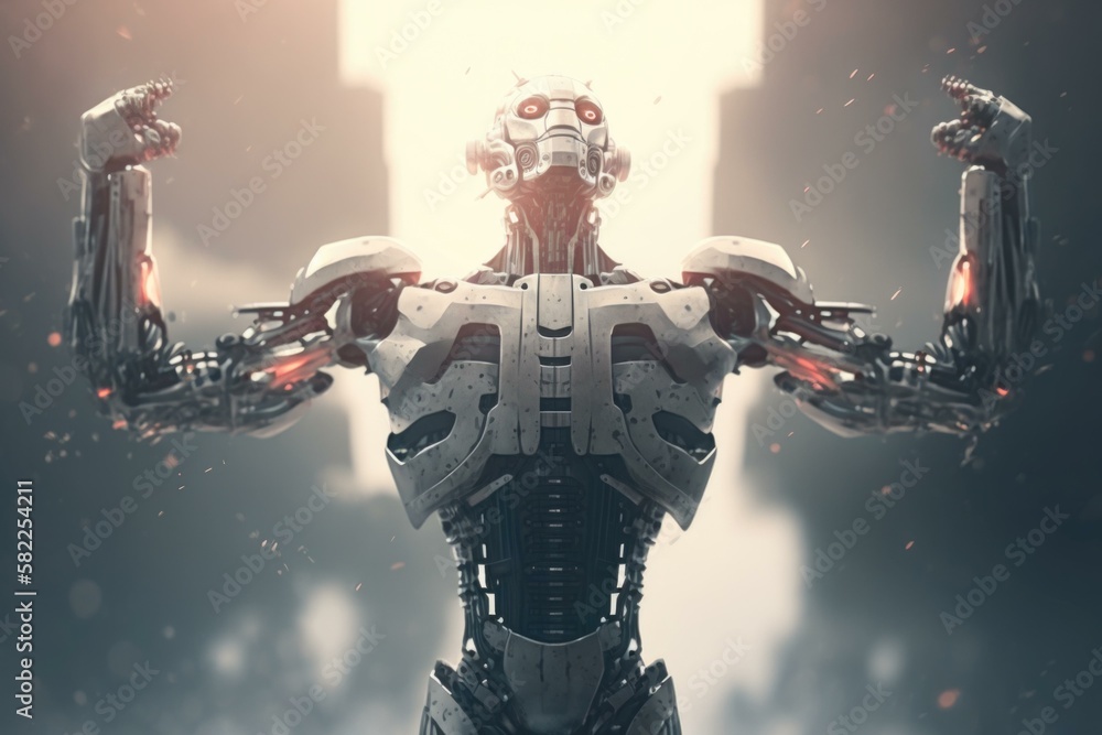 Poster a robot with arms outstretched in a futuristic city factory animation robotics engineering