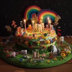 Imaginative Decorated Rainbow Cat Birthday Cake With An Spring Easter Scene