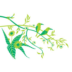 Floral illustration with birds and leaves, in vector