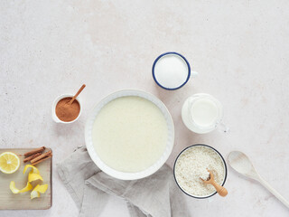 dessert rice pudding and ingredients for preparation