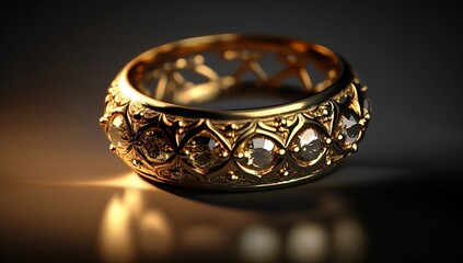 Awesome expensive luxury golden ring with diamond, close-up shot. AI generated.