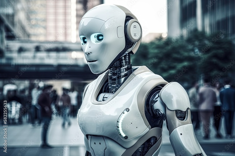 Poster technological progress of smart robot assistant with artificial intelligence in public place. futuri