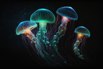 Medusas in Darkness with Mesmerising Beautiful Glow of Vibrant Colors. Bioluminescent Medusas in the Darkness. Ai generated