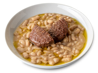 Cannellini bean soup with roast beef burger in a white plate