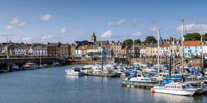 Boats moored at the picturesque Anstruther Harbour in the East Neuk of Fife, Scotland