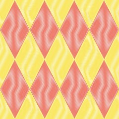Seamless pattern with geometric pattern. Red and yellow rhombuses with moire effect - obrazy, fototapety, plakaty