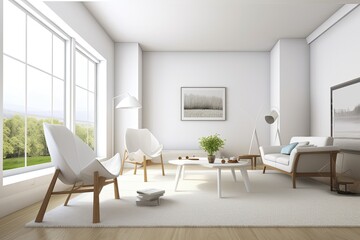 Interior of white living room with carpet on hardwood floor, sofa, two armchairs, coffee table, and stand with decorations. expansive view of the countryside. Generative AI