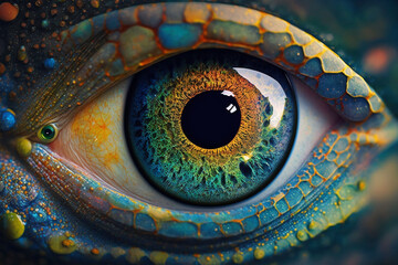 Fantasy Eye with Vibrant Amazing Colors Macro Close up view. Eye Macro with Vibrant Saturated Colors. Ai generated