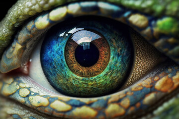 Obraz premium Fantasy Eye with Vibrant Amazing Colors Macro Close up view. Eye Macro with Vibrant Saturated Colors. Ai generated