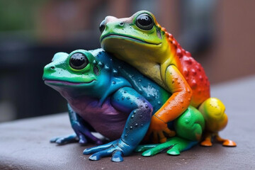 Naklejka premium Frogs in Amazing Colors. Vibrant frogs with Beautiful colorful skin. Rainbow colored frogs with amazing detail. Ai generated