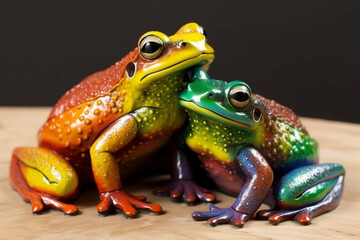 Fototapeta premium Frogs in Amazing Colors. Vibrant frogs with Beautiful colorful skin. Rainbow colored frogs with amazing detail. Ai generated