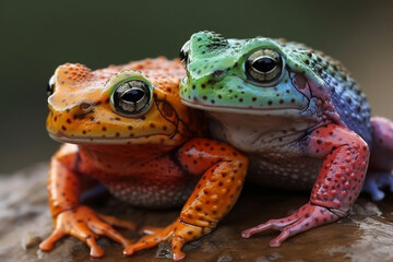 Fototapeta premium Frogs in Amazing Colors. Vibrant frogs with Beautiful colorful skin. Rainbow colored frogs with amazing detail. Ai generated