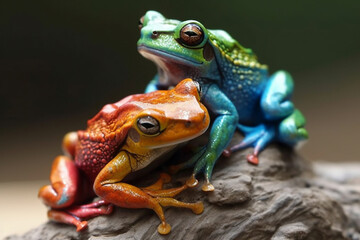 Frogs in Amazing Colors. Vibrant frogs with Beautiful colorful skin. Rainbow colored frogs with amazing detail. Ai generated