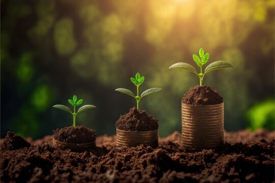 Investing in growing plants can be a profitable financial venture. Money, financial, growing, plants, coins, investment, savings, wealth, assets, portfolio, stock market, dividends, GENERATIVE AI