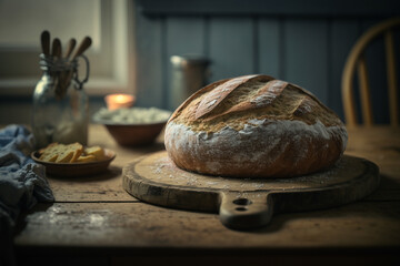 Rustic Bread: Freshly baked, round loaf of bread, resting on a wooden board. Ai generated