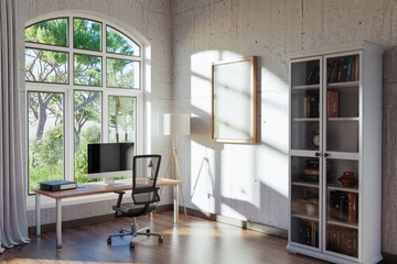 comfortable workplace with pc standing on wooden desk in office at home; bright sunlight shines through large window; wall with canvas copy space;  remote work freelance concept; 3D Illustration