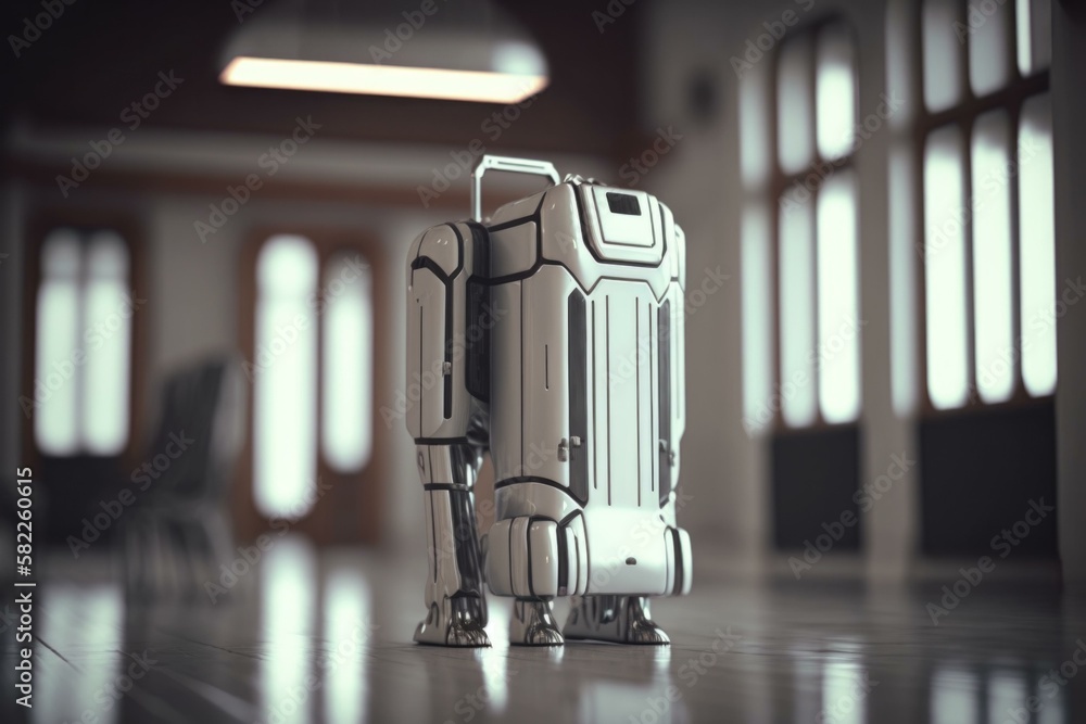 Poster A Robot Standing On A Shiny Floor In A Room Science Museum Photorealism Robotics Engineering 