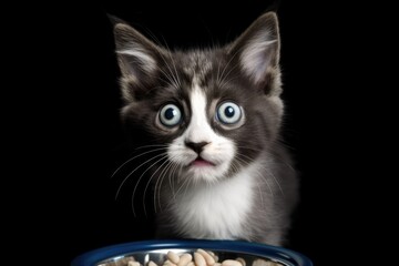 A shocked and content kitten stands next to a bowl of cat food. Generative AI