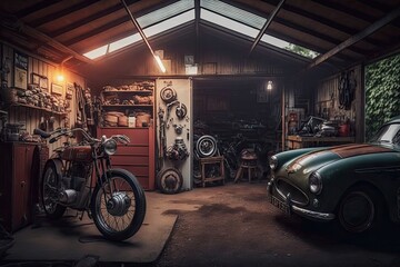 an old garage filled with vintage cars and motorcycles, including a classic fiat 500, a 1955 triumph tr4a, and an old harley-davidson., created with generative ai - obrazy, fototapety, plakaty
