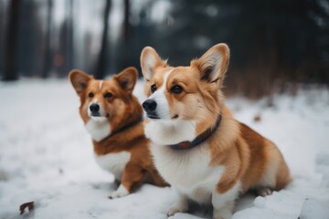 Naklejka na ściany i meble In a winter park, two adorable ginger Corgis sit in the snow. Generative AI