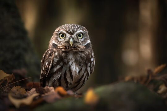 little owl against a blurry background. Excellent photo. Generative AI