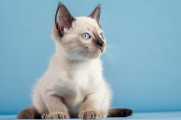 A kitten with seal points is seated on a blue background. Generative AI