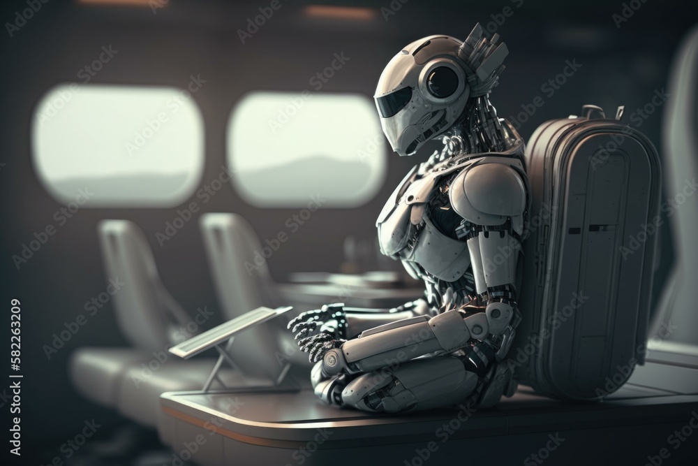 Poster a robot sitting on a table with a suitcase train station stereoscopic photography artificial intelli