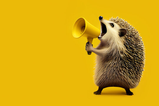 hedgehog screaming into megaphone over yellow background. Generative Ai